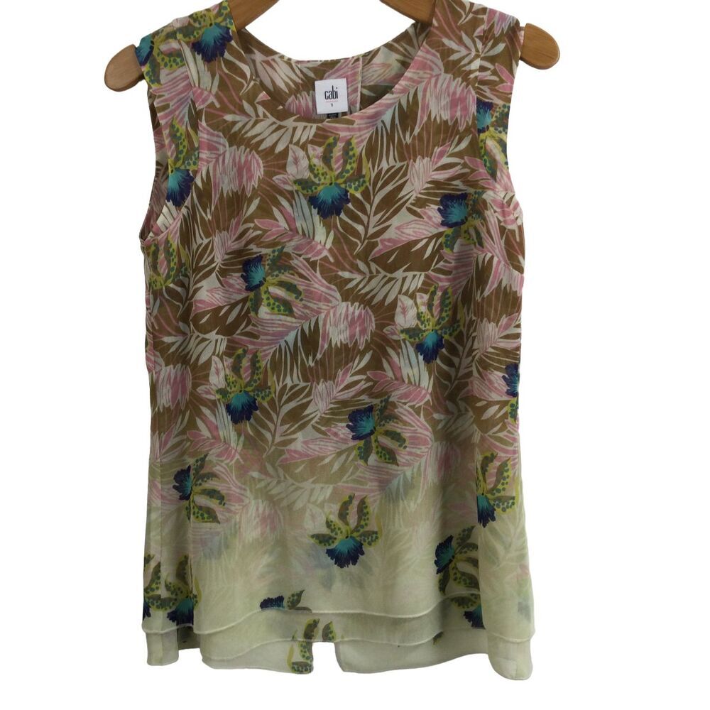 CAbi #5216 Tropical Orchid Print Parlor Split Back Sleeveless Blouse Top Small